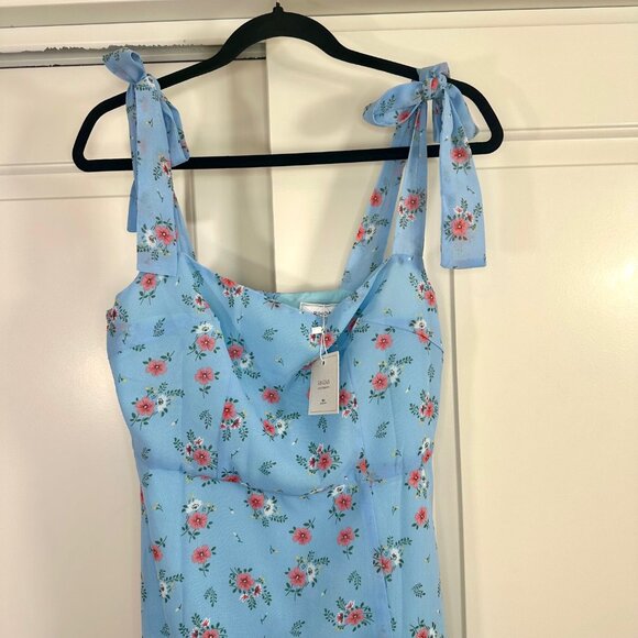 Light Blue Floral Tie Shoulder Slit Midi Dress - NEW - Picture 16 of 16
